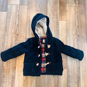 Baby Boden Navy Hooded Toggle Coat with‎ Plaid Lining